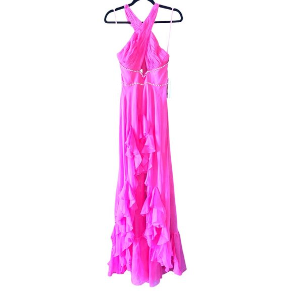 Mac Duggal RARE Hot Pink High-Low Gown Halter Neck Tiered Slit Skirt Size 2 - Picture 5 of 16